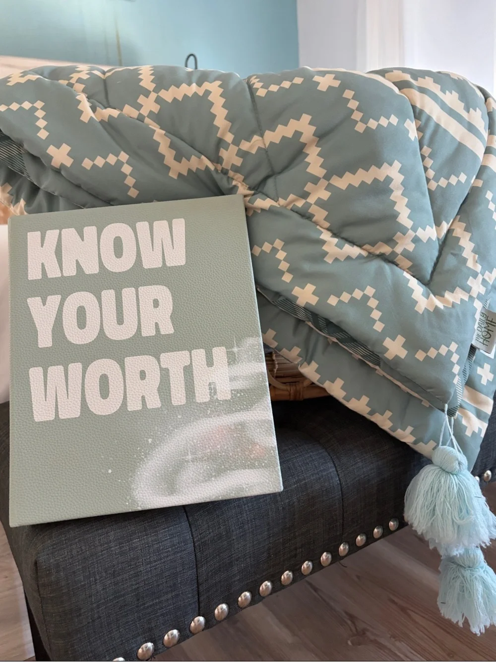 The Daily Grind Reversible Geometric Throw Blanket Teal and Cream /Book (New)